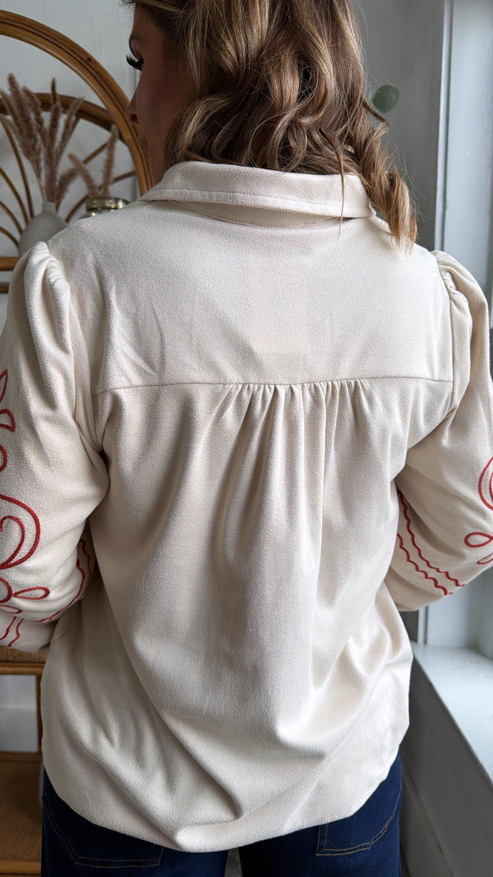 Prairie Bound Suede Button Up, Ecru/Rust