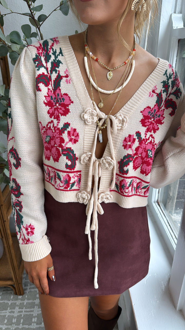 RoseAnn Knit Cardigan, Ivory/Red Floral