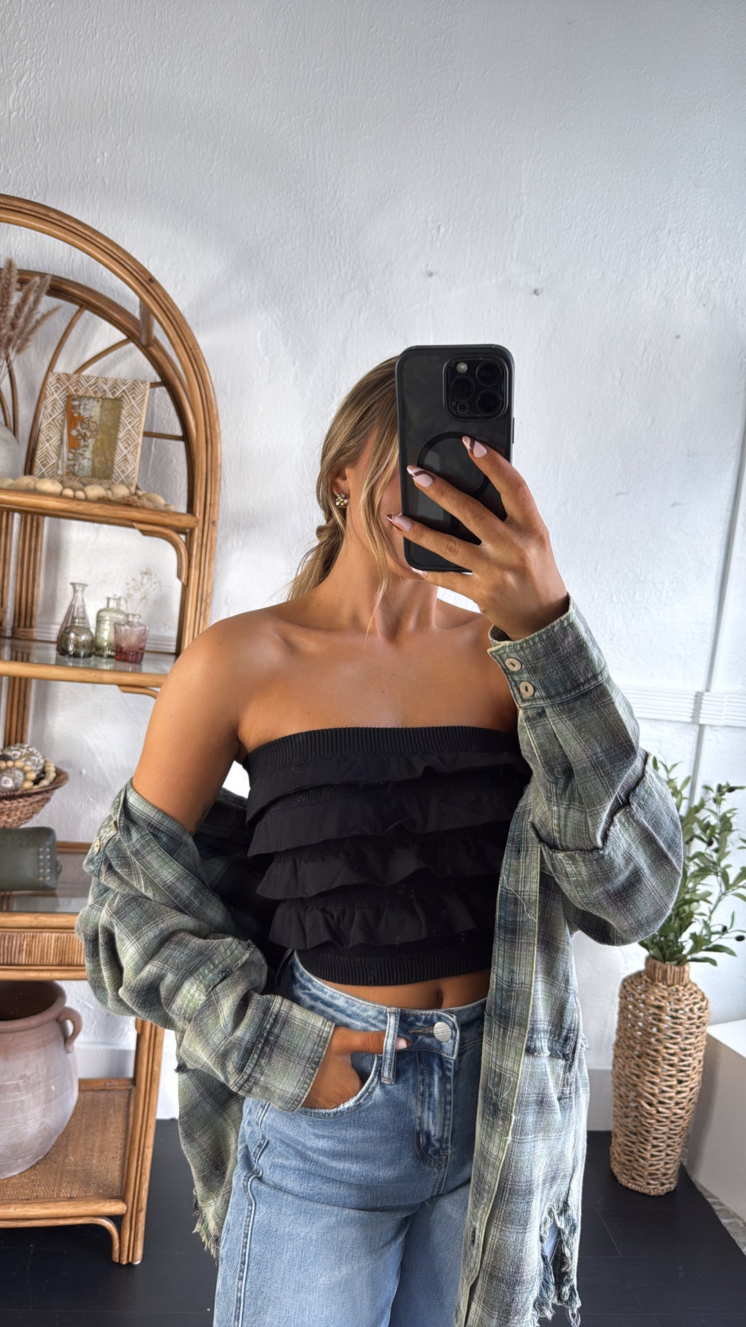 Layered Ruffled Tube Top, Black