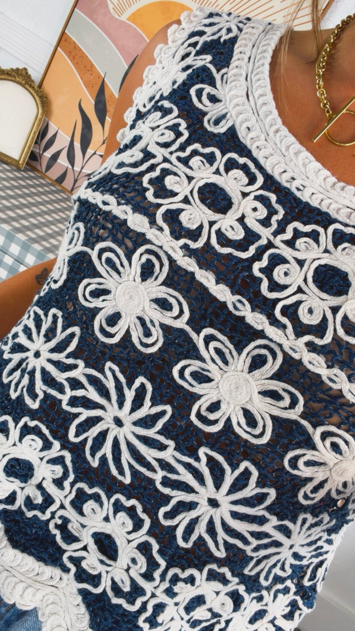 Rain Washed Crochet Tank, Natural/Denim