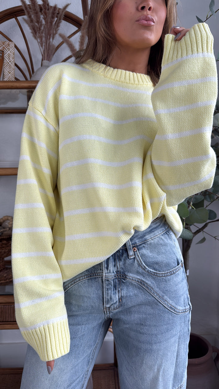 Avie Striped Sweater, Lemon/White