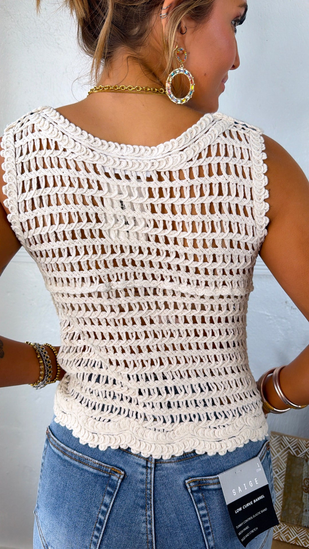 Rain Washed Crochet Tank, Natural/Denim