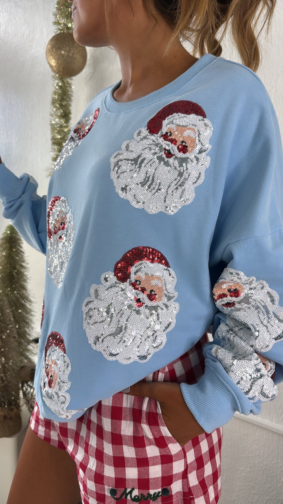 Santa Sleigh Sequin Crewneck, Lt.Blue