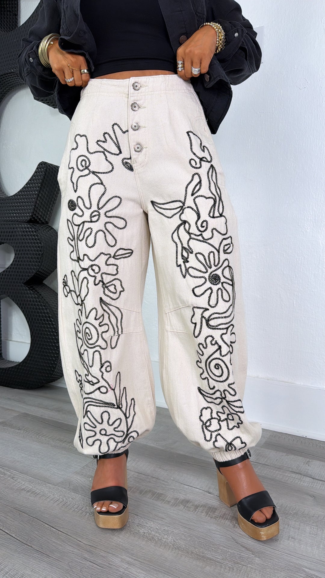 For The Love Of Floral Embroidered Denim Jogger, Oatmilk