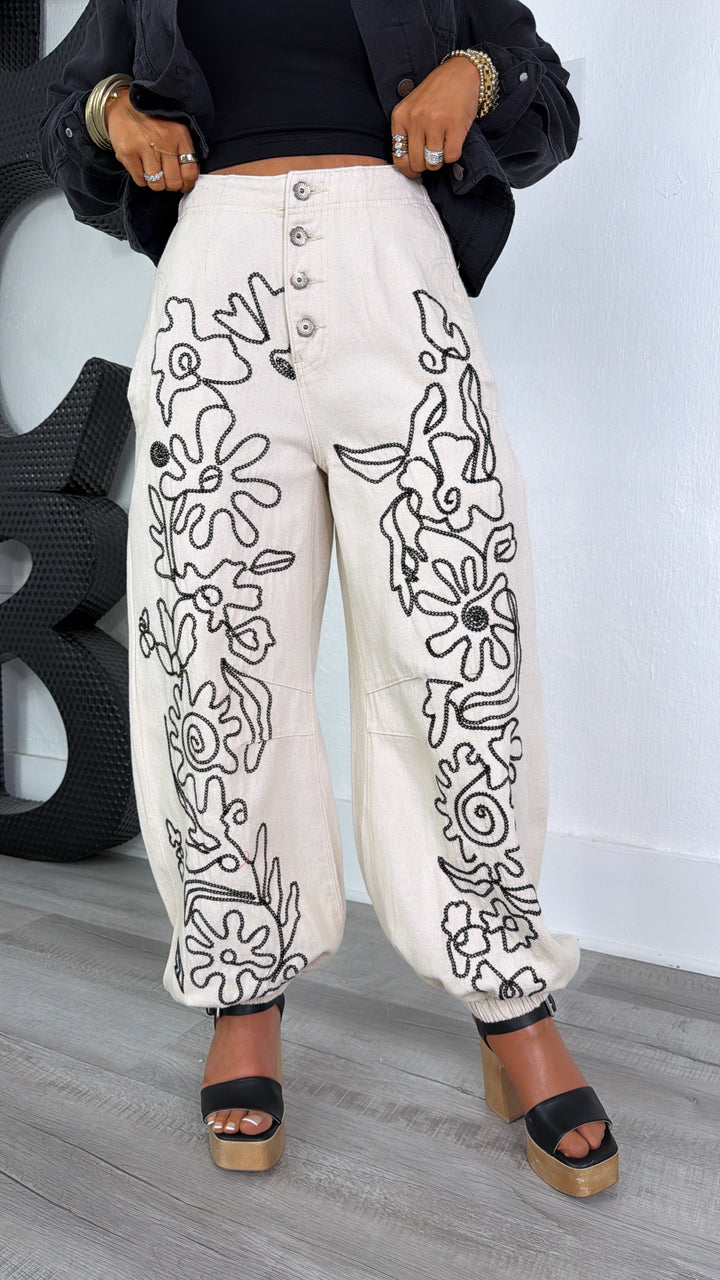 For The Love Of Floral Embroidered Denim Jogger, Oatmilk