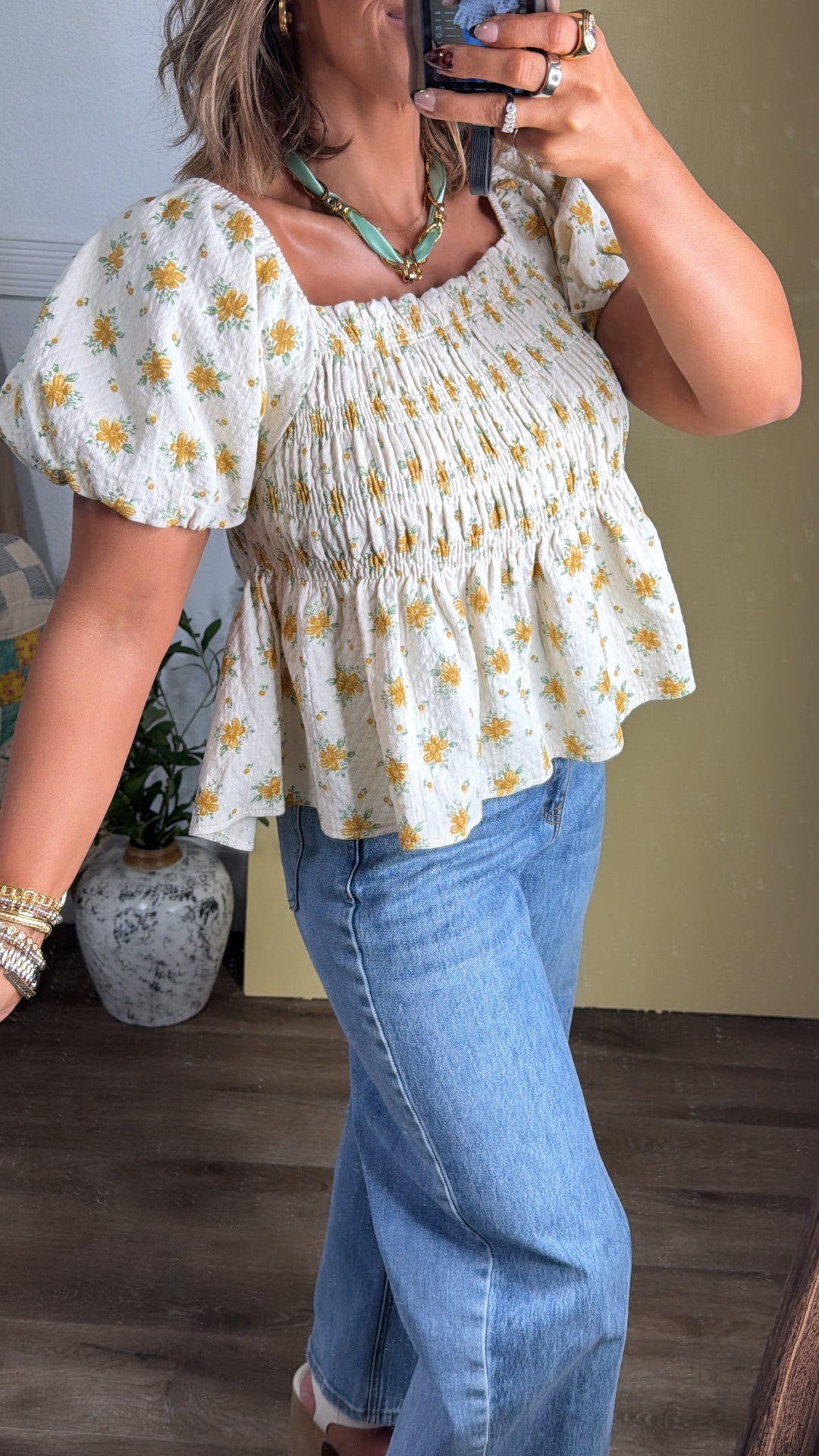 Rosie Ann Smocked Top, Cream/ Yellow Floral