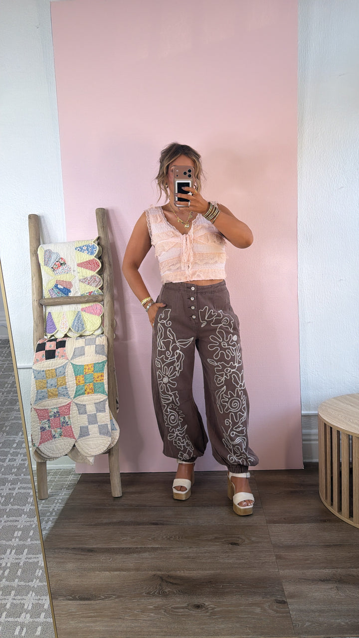 For The Love Of Floral Embroidered Denim Jogger, Mocha