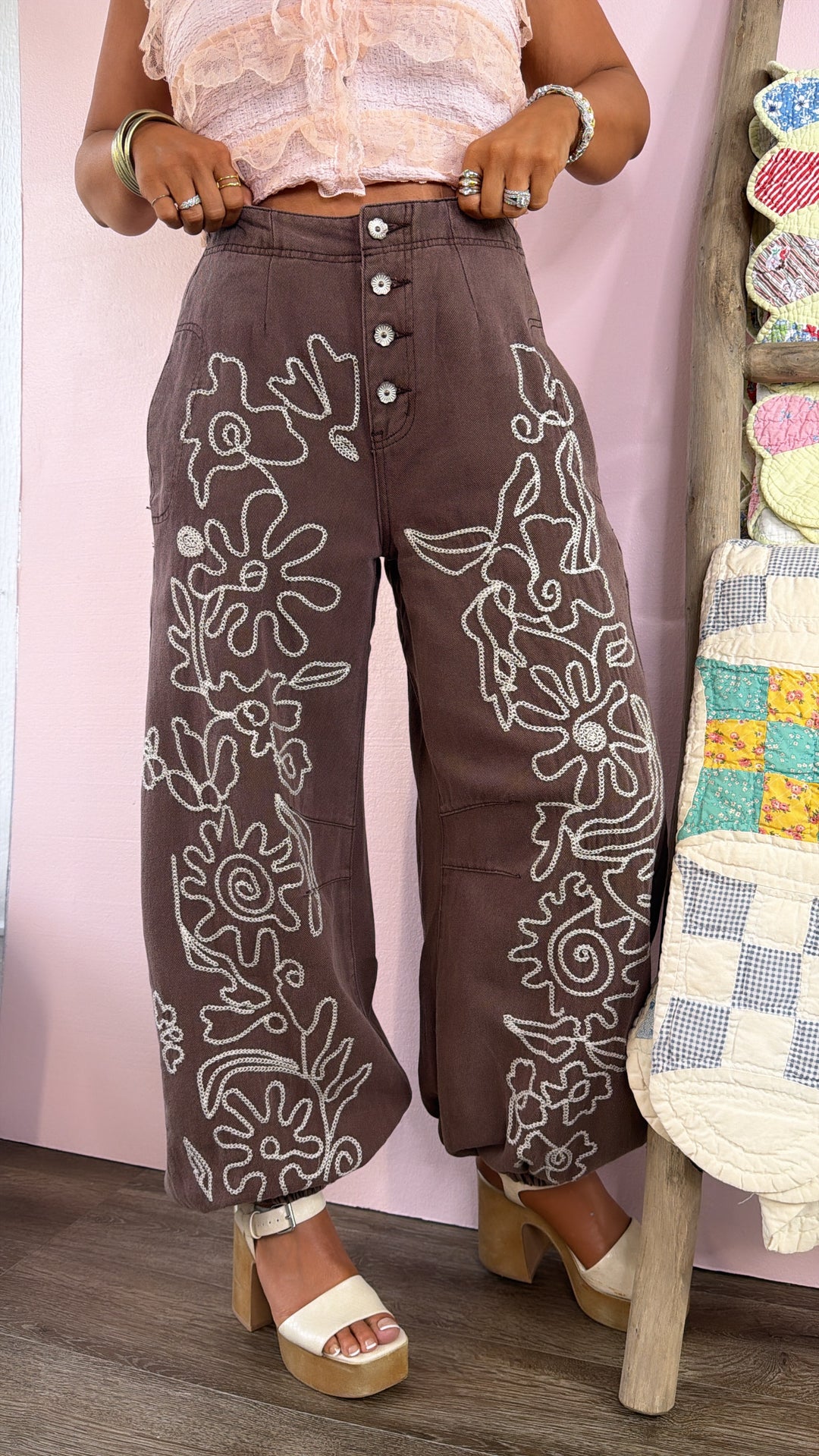 For The Love Of Floral Embroidered Denim Jogger, Mocha