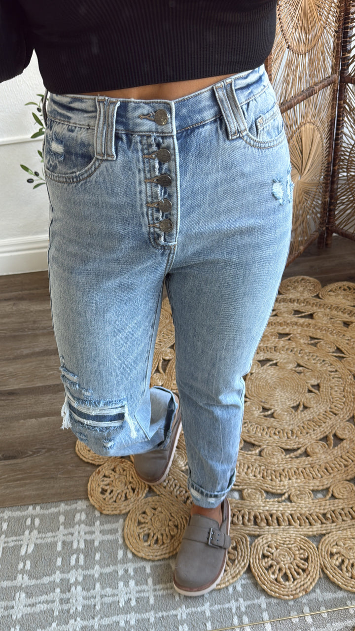 SAIGE: Ford Button Fly Slim Straight Denim, Medium