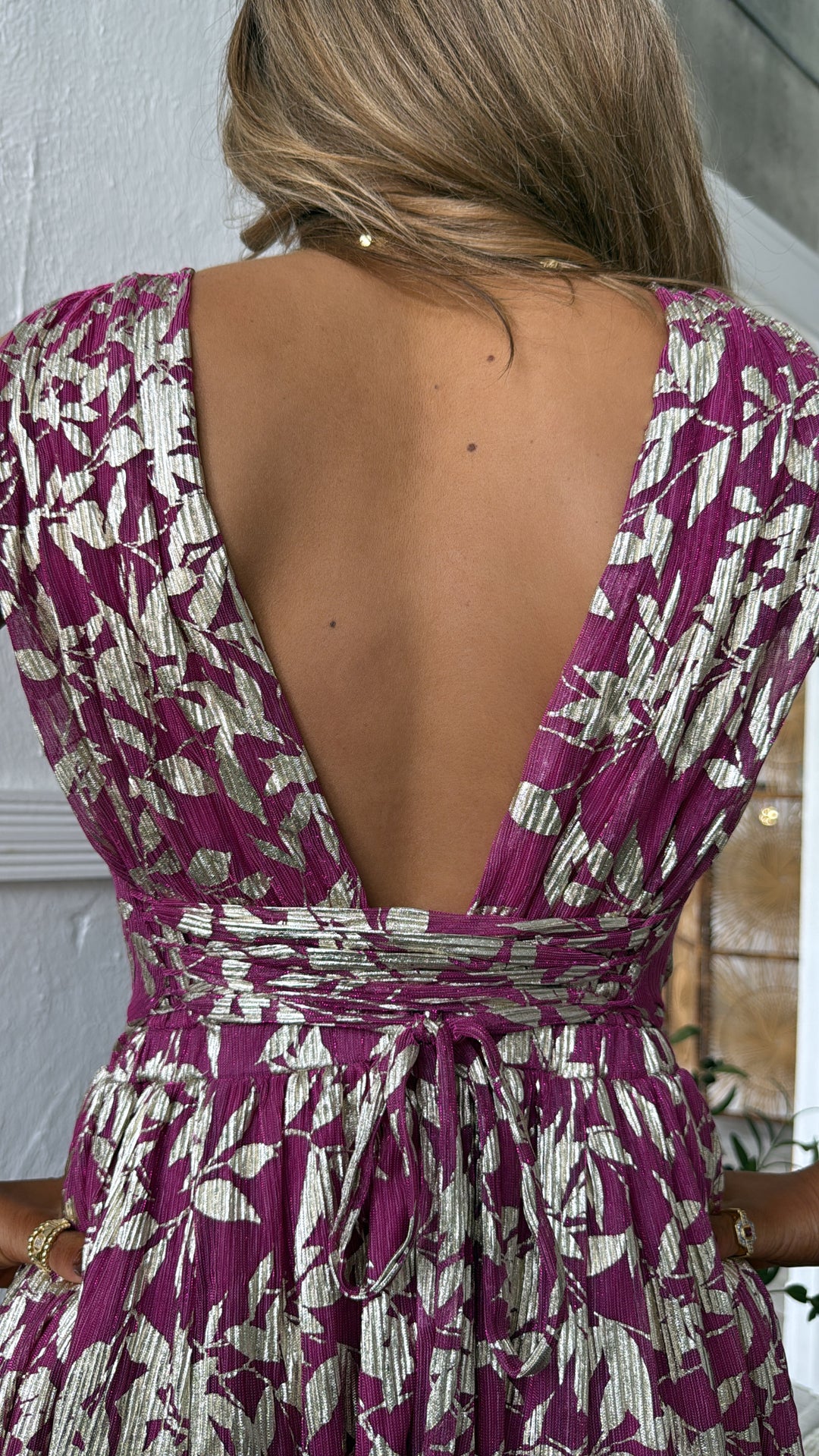 Rosaline Plunge Maxi Dress, Magenta/Gold