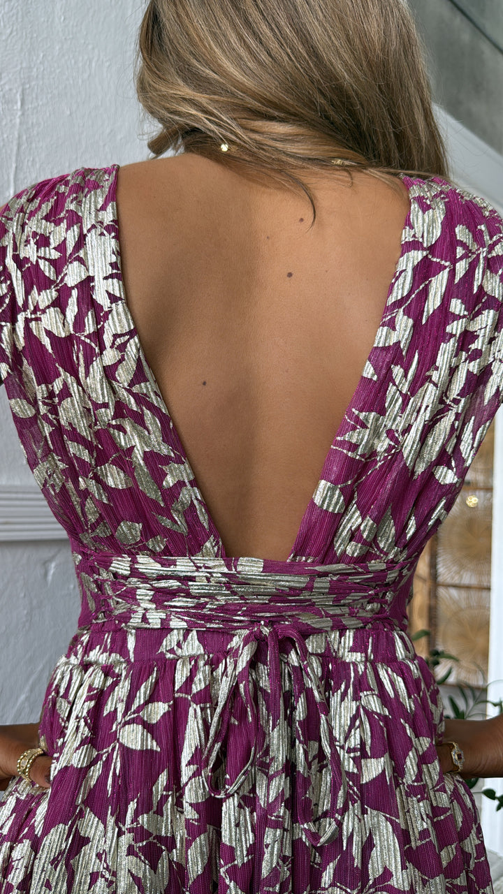 Rosaline Plunge Maxi Dress, Magenta/Gold