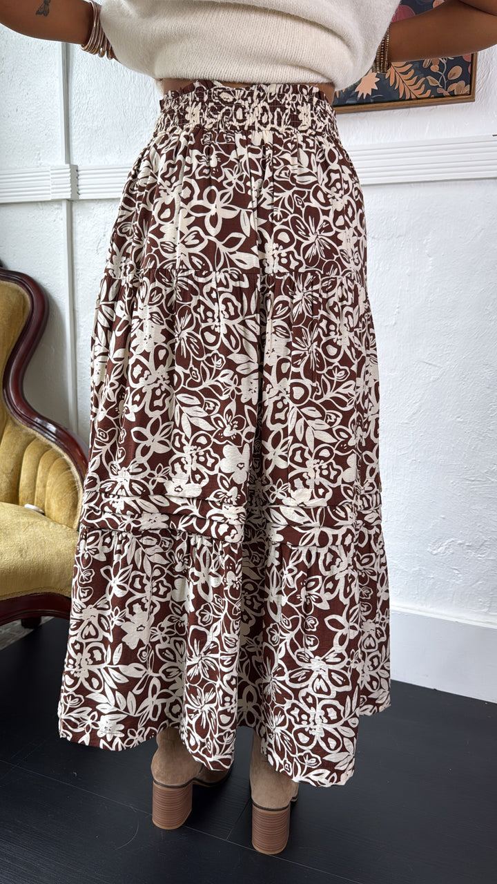 Picture Perfect Floral Tiered Midi Skirt, Brown