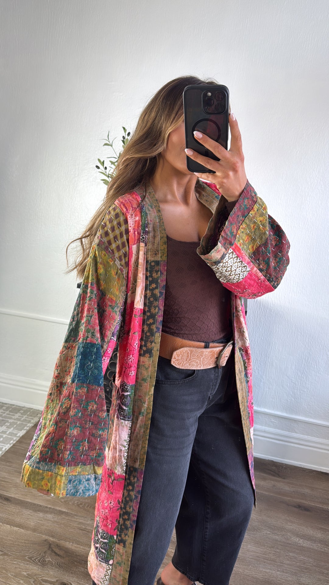Laguna Mist Patchwork Duster Cardigan, Taupe/Pink/Multi