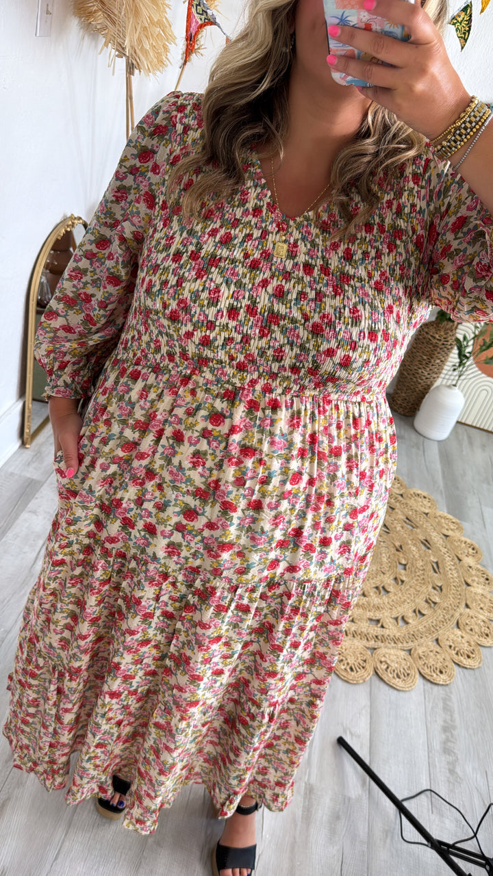 Full Bloom Floral Print Smocked Maxi Dress