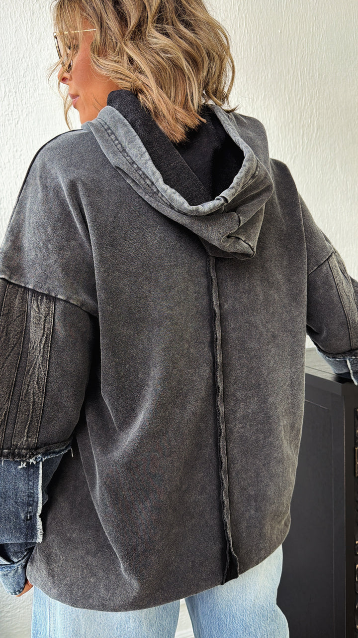 Stonewash Detailed Hoodie, Black