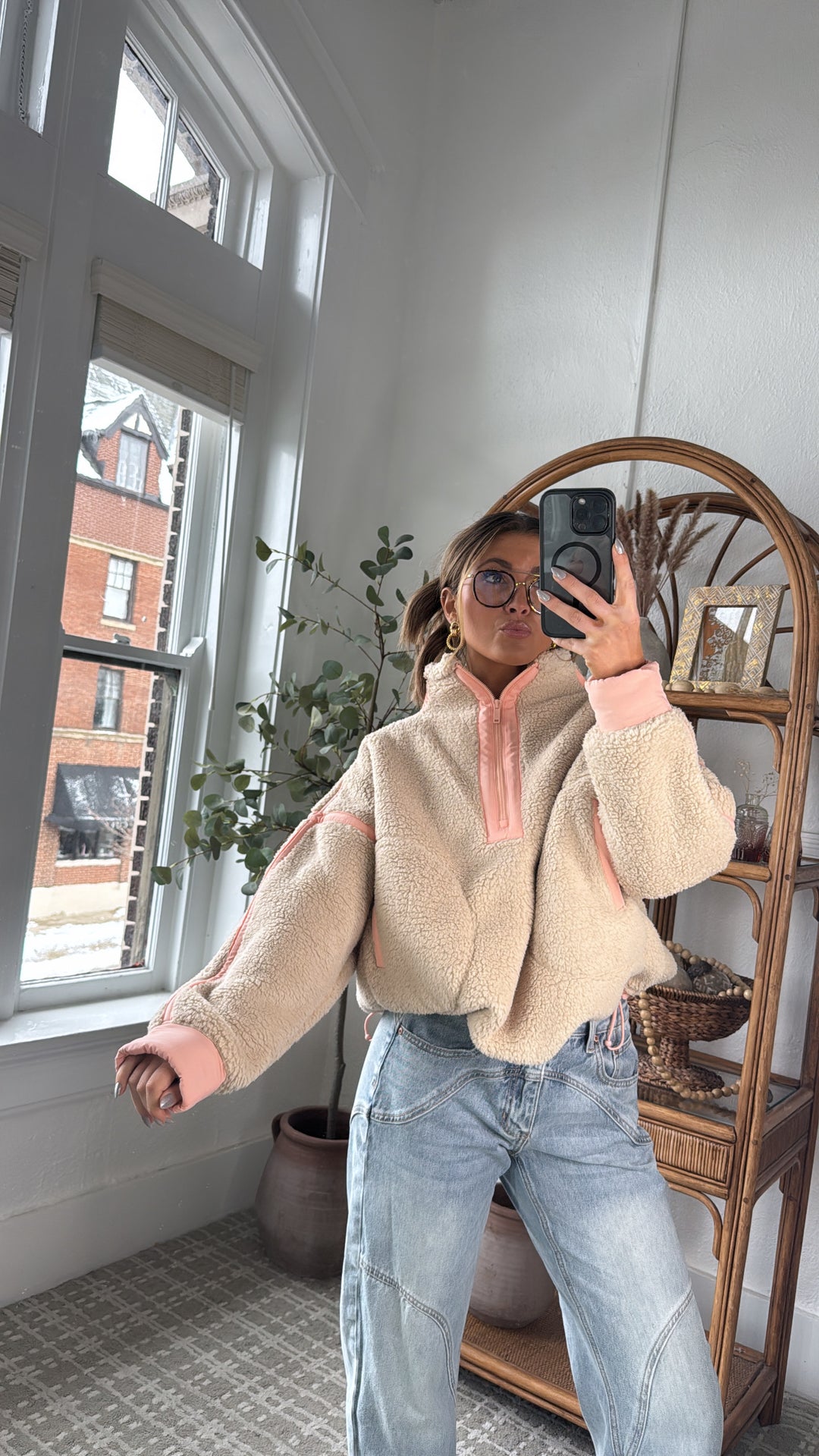 The Summit Quarter Zip Sherpa, Taupe/Coral