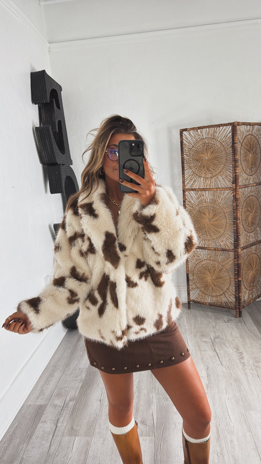 Cow Printed Fur Jacket, Brown/Cream