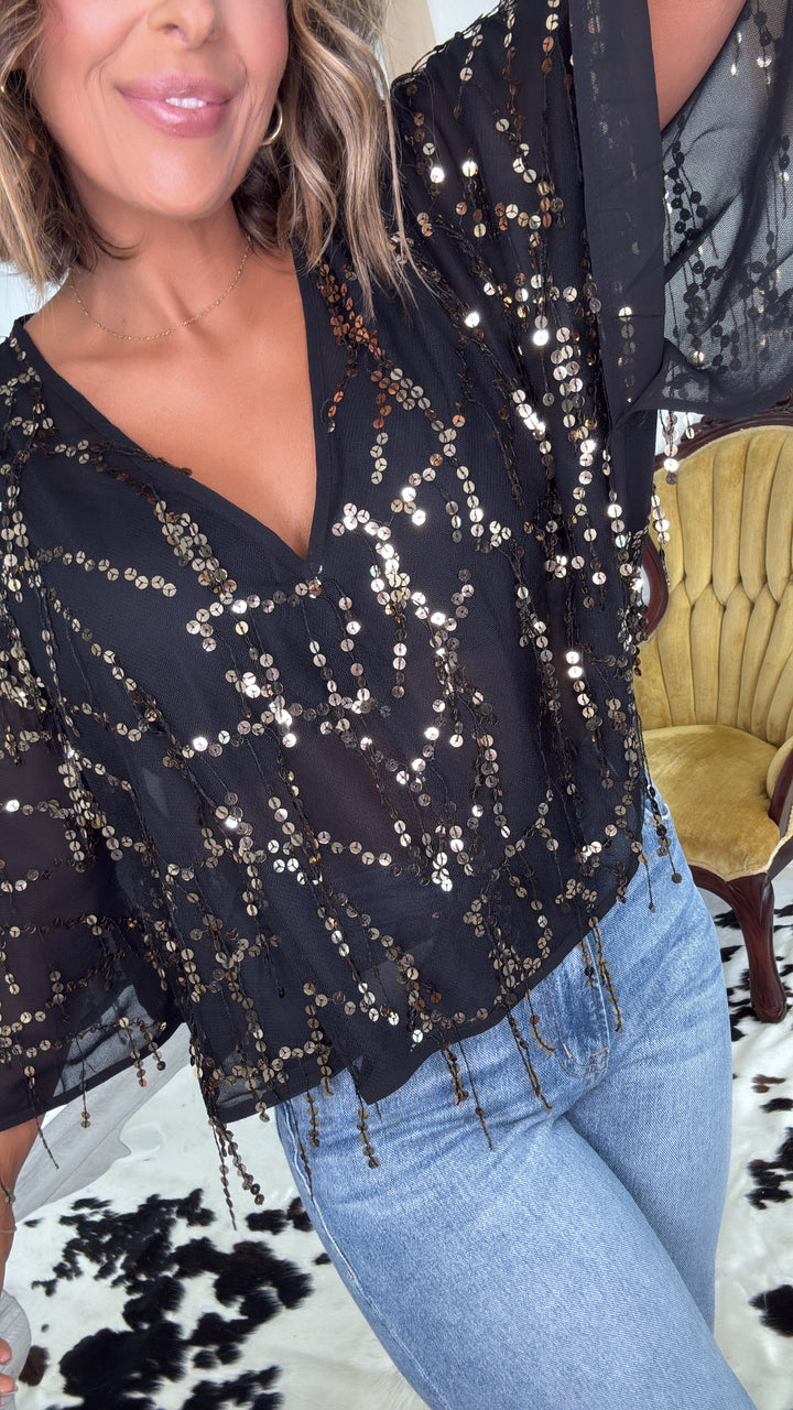 Glitz Sequin Mesh Top, Black