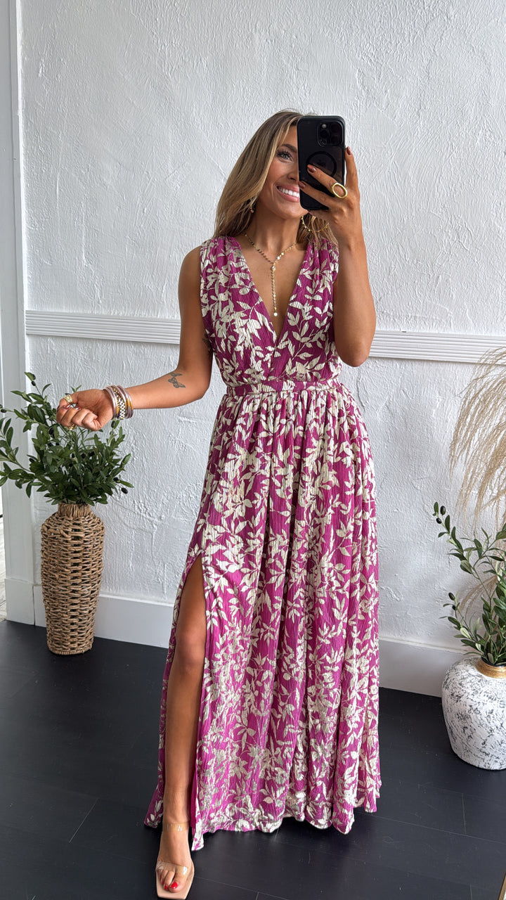 Rosaline Plunge Maxi Dress, Magenta/Gold