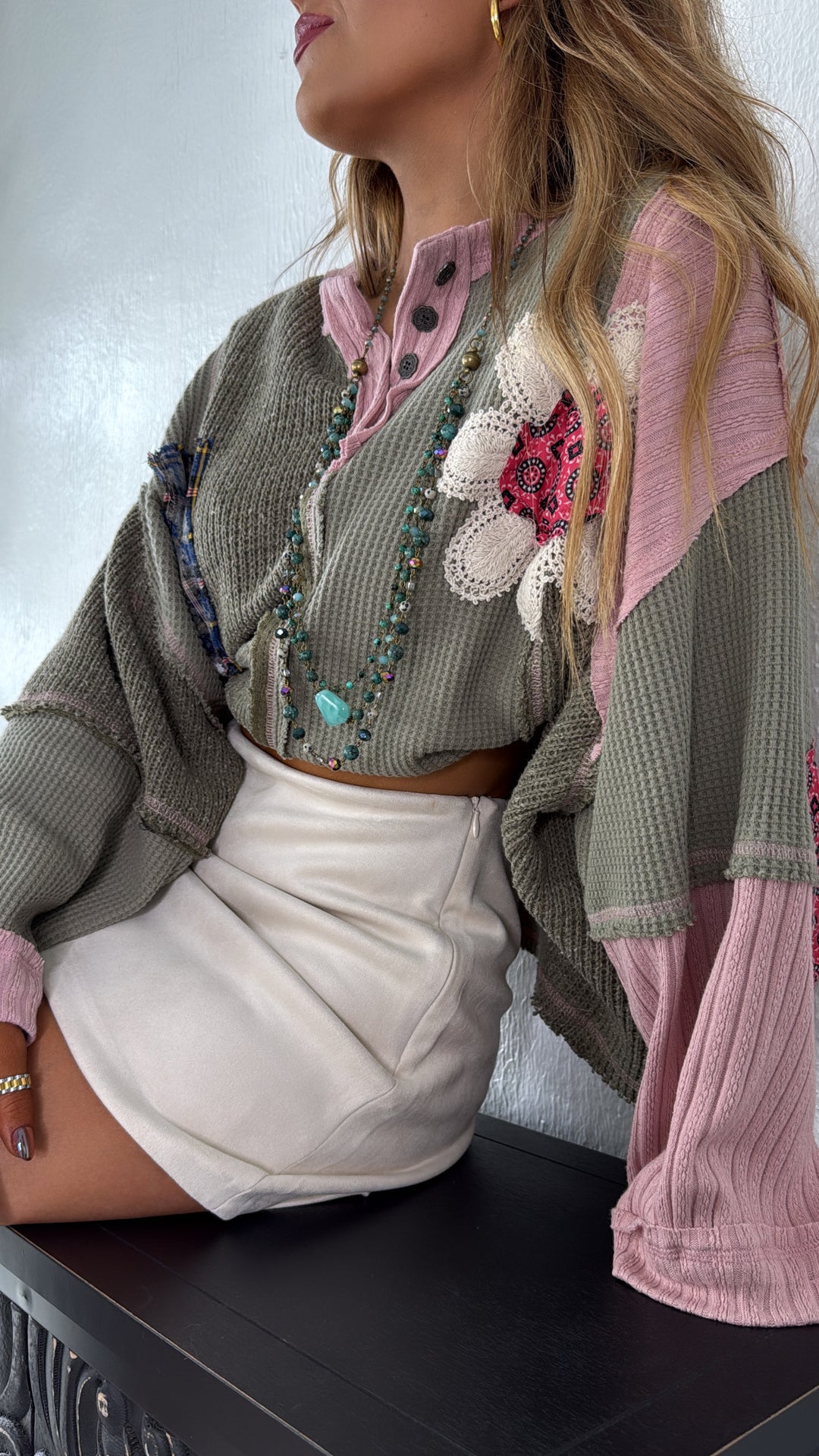 Sweet Impression Patchwork Long Sleeve Top, Olive Multi