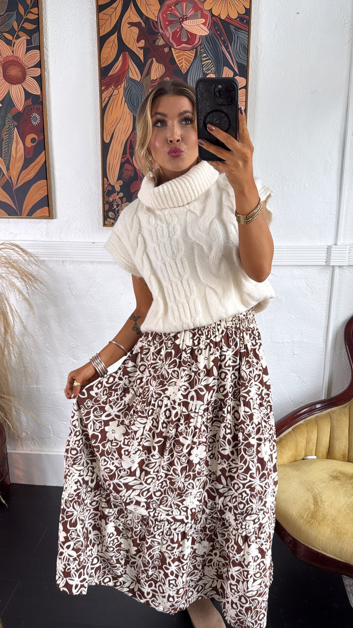 Picture Perfect Floral Tiered Midi Skirt, Brown