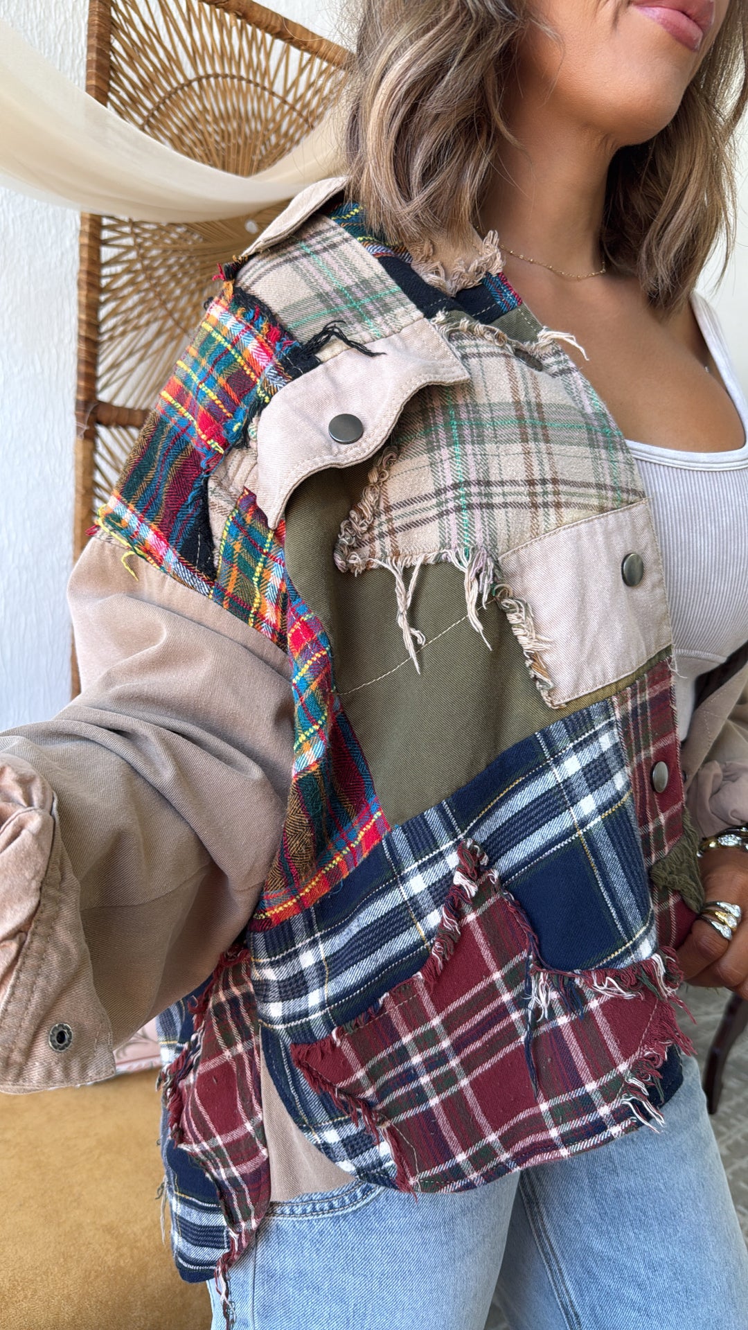 Care Free Plaid Patch Button Down Jacket, Khaki