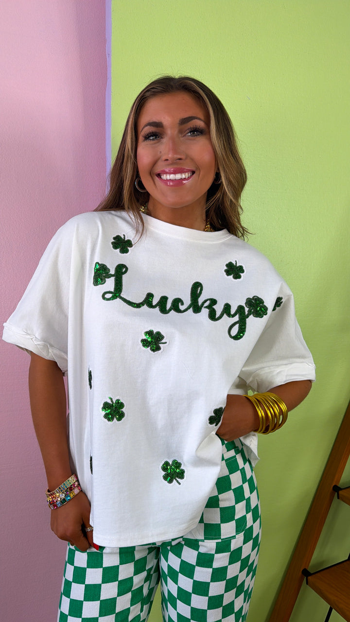 Lucky Sequin Patch Top, White