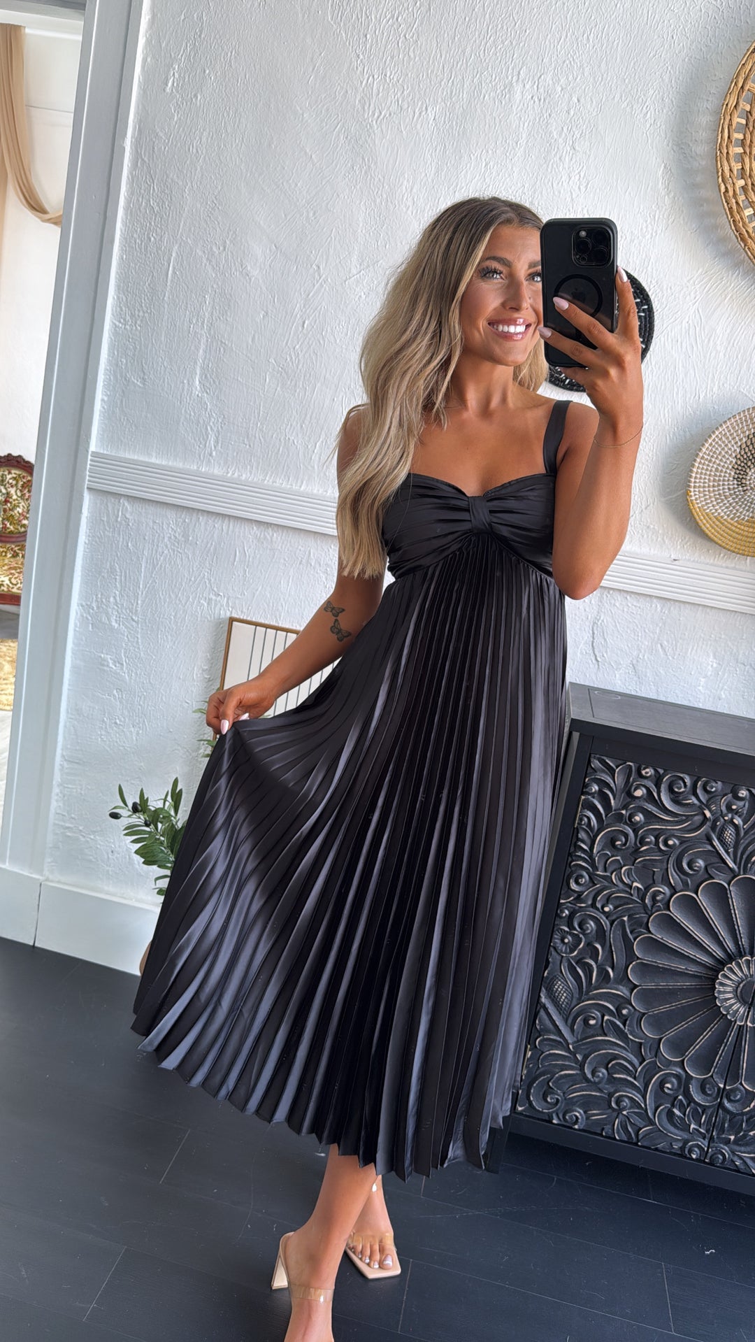 Be Seen Satin Pleated Midi Dress, Black