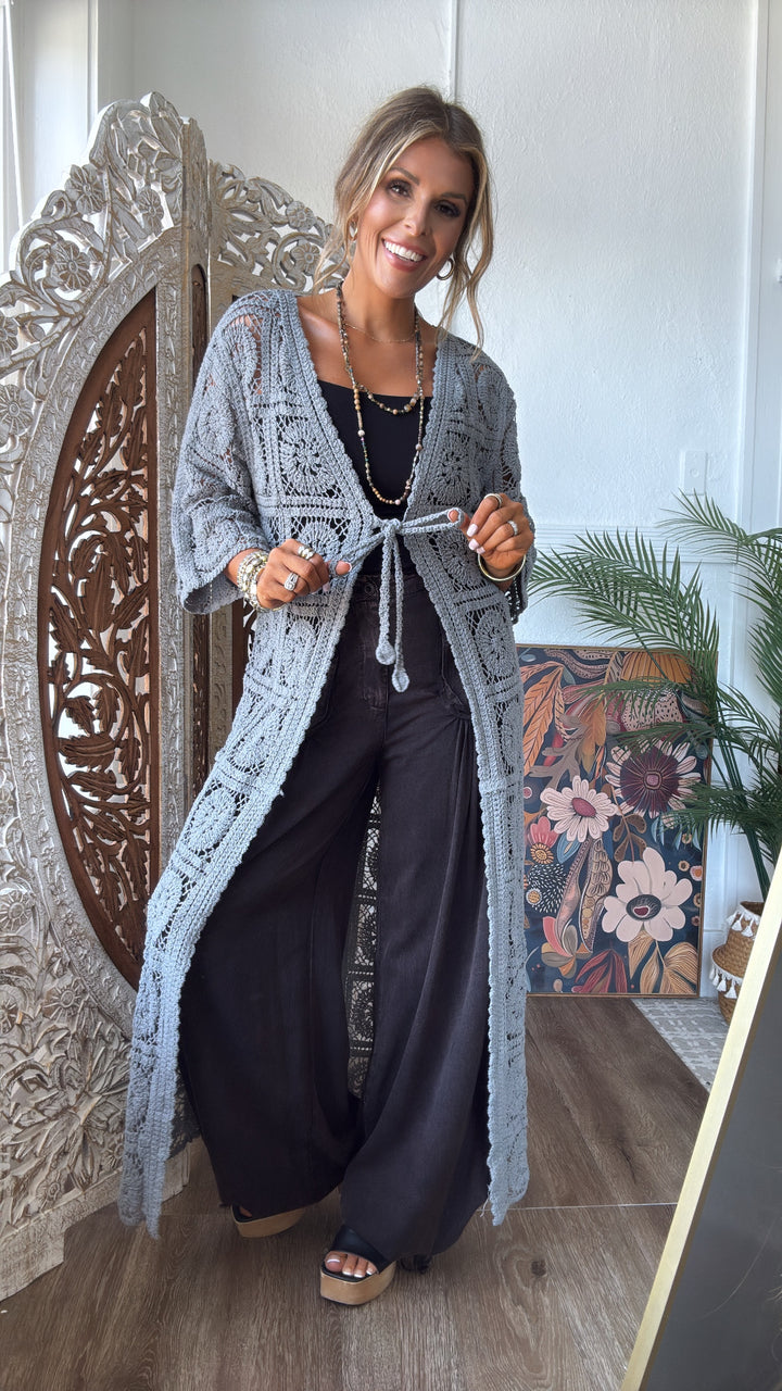 Something Light Crochet Tie Cardigan, Stone Grey