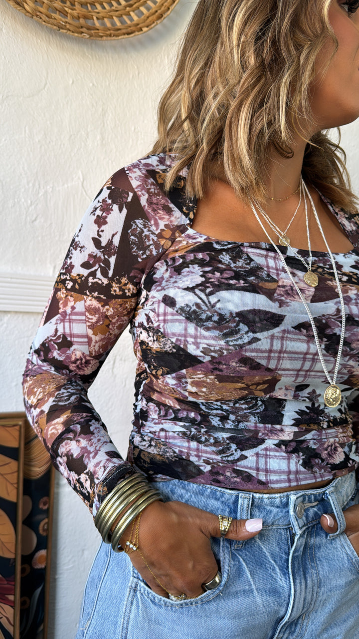 Faded Flora Mesh Top, Lt.Blue/Purple
