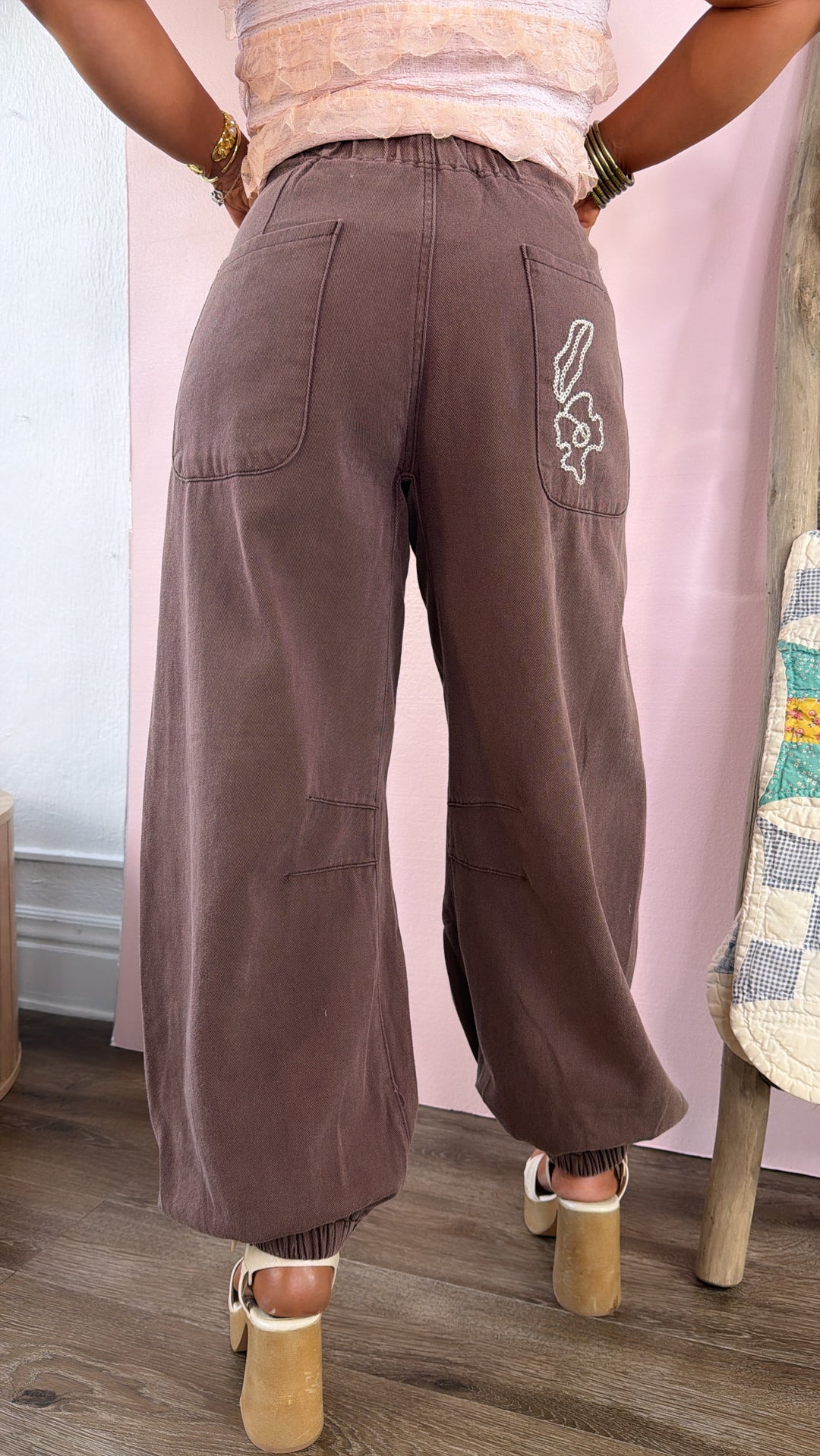 For The Love Of Floral Embroidered Denim Jogger, Mocha