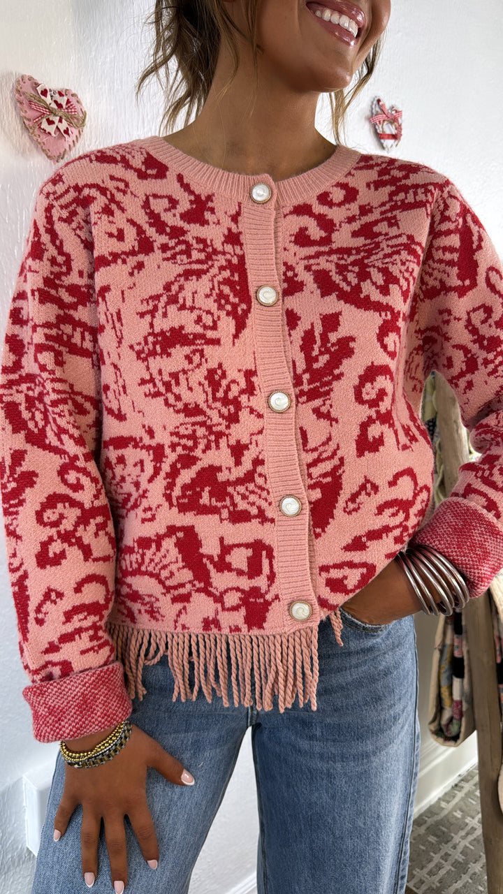 Antique Roseweave Cardigan, Coral Red