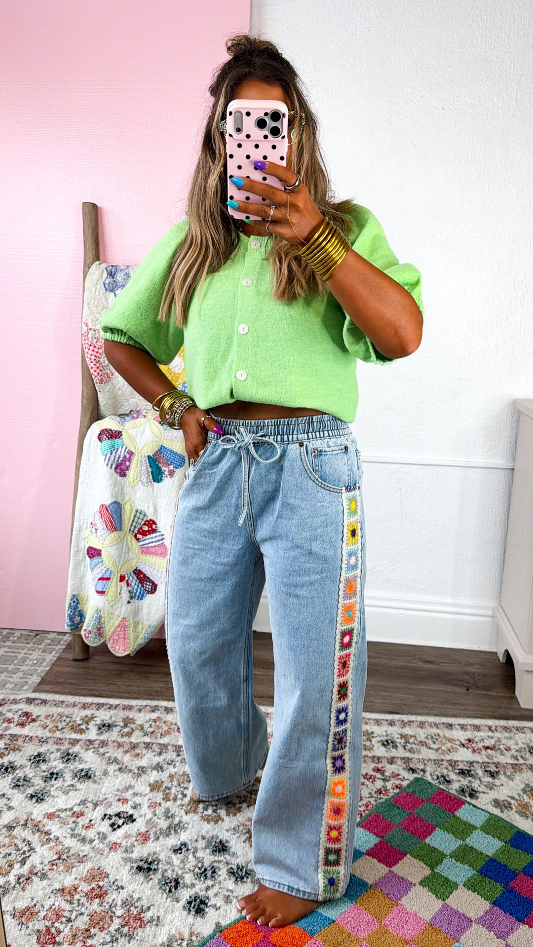 Granny Square Detail Pants, Denim