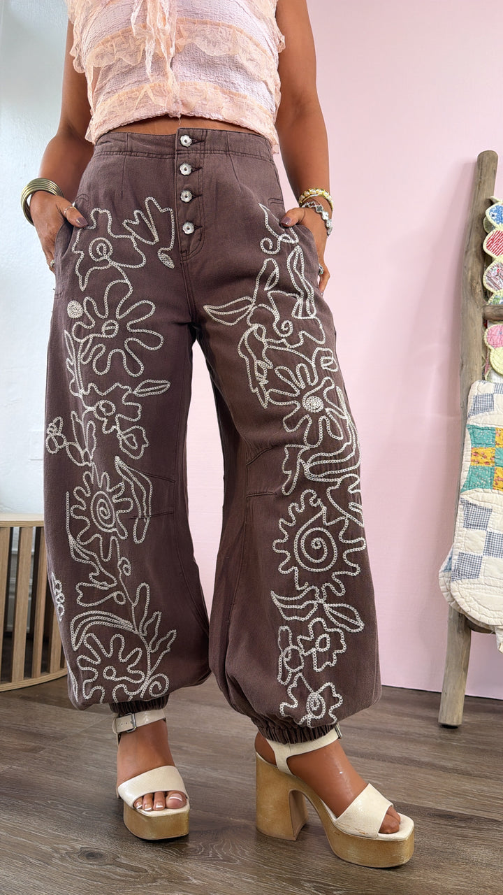 For The Love Of Floral Embroidered Denim Jogger, Mocha