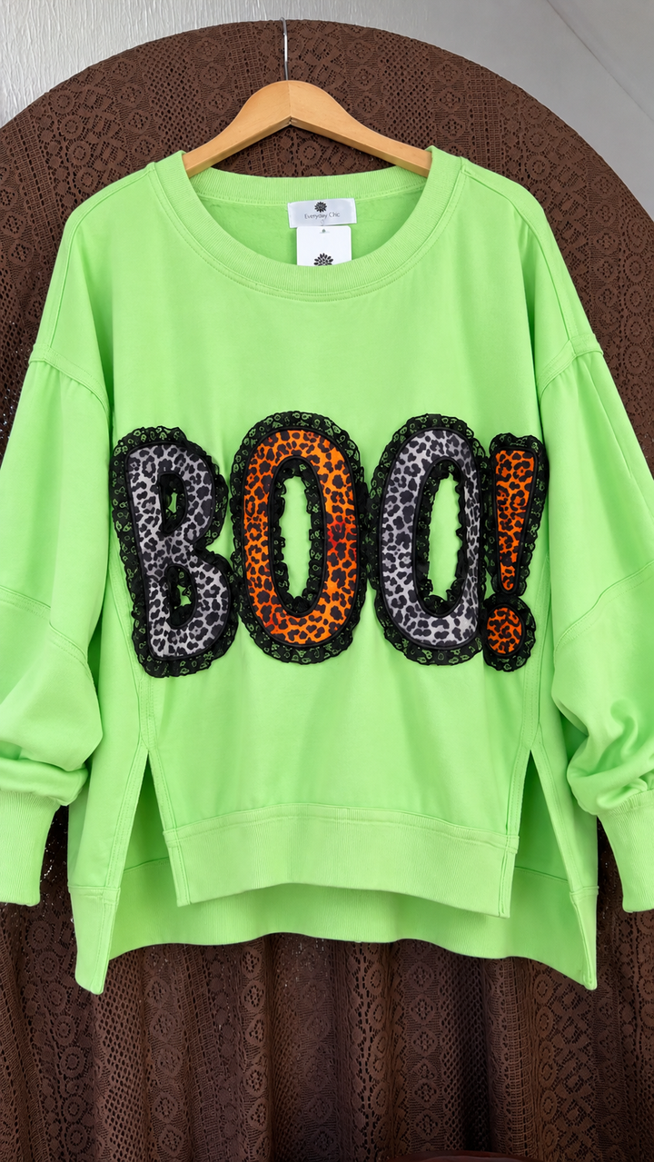 Leopard Boo & Lace Sweatshirt, Dk.Lime