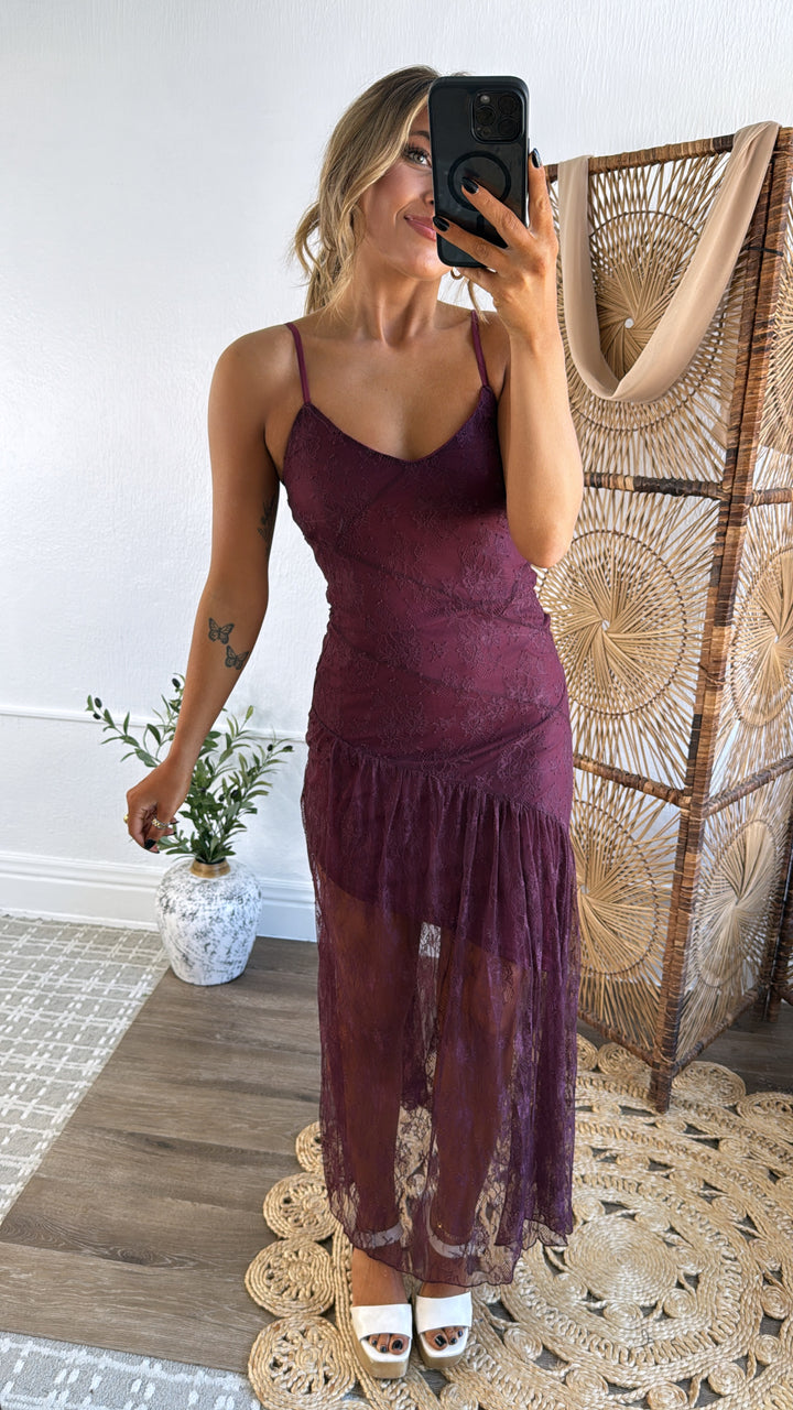 Moonlit Lace Maxi Dress, Merlot