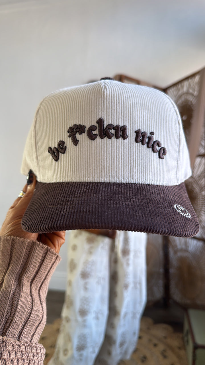 Be F***n Nice Trucker Hat, Brown Corduroy/Natural Corduroy