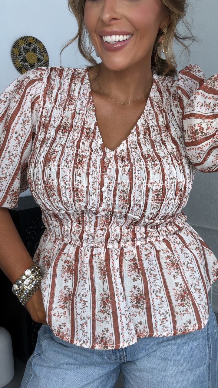 Dakota Smocked Blouse, Brown Multi