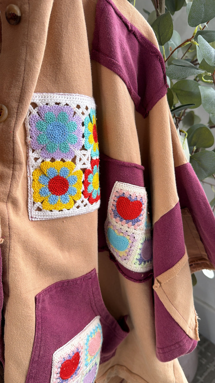 Patchwork Muse Button Up, Wine/Multi