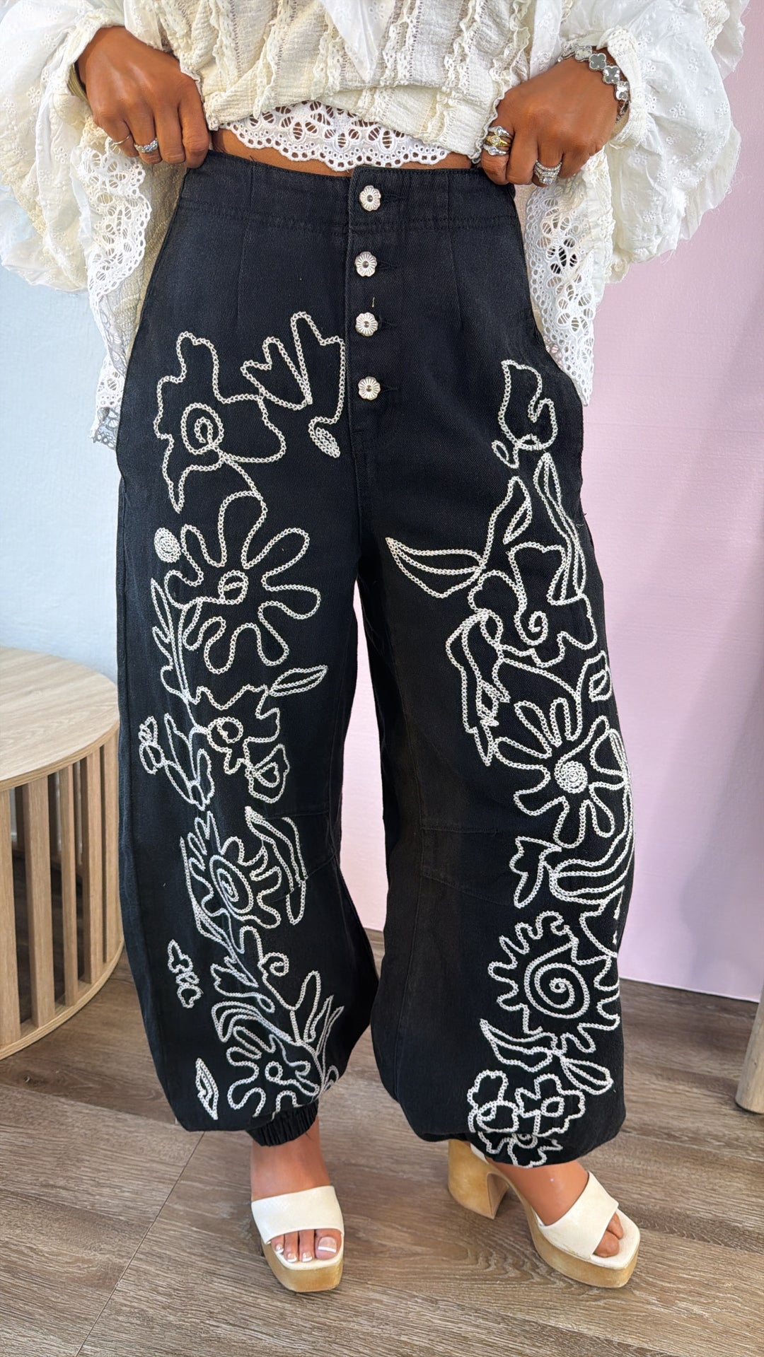 For The Love Of Floral Embroidered Denim Jogger, Black