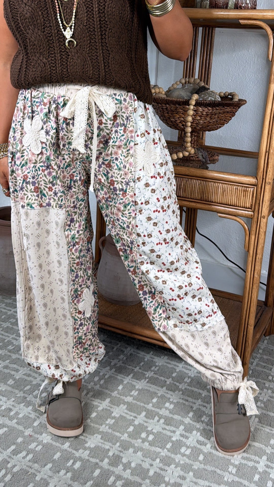 Petal Drape Jogger Pant, Cream Multi