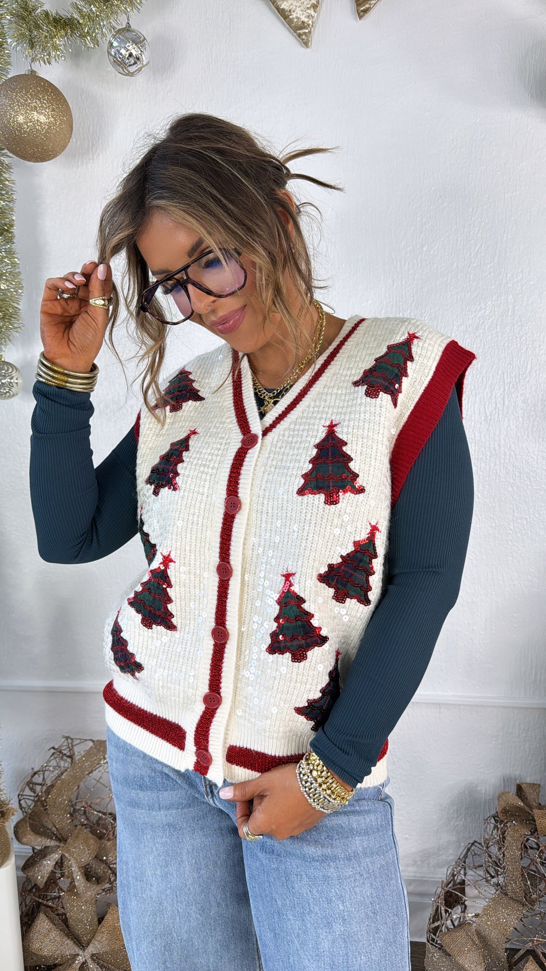 Checkered Cheer Plaid Sweater Vest, Ivory