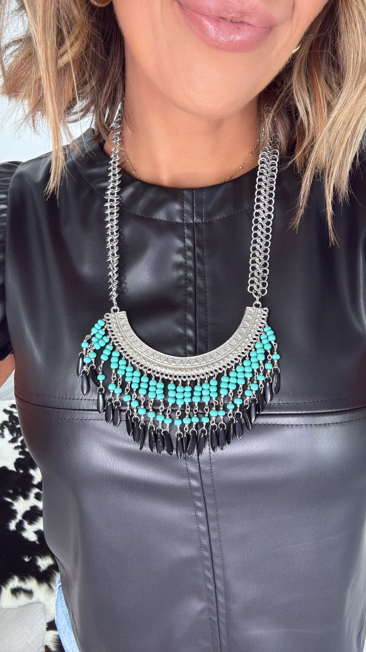 Belle Boho Fringe Bib Necklace, Turquoise