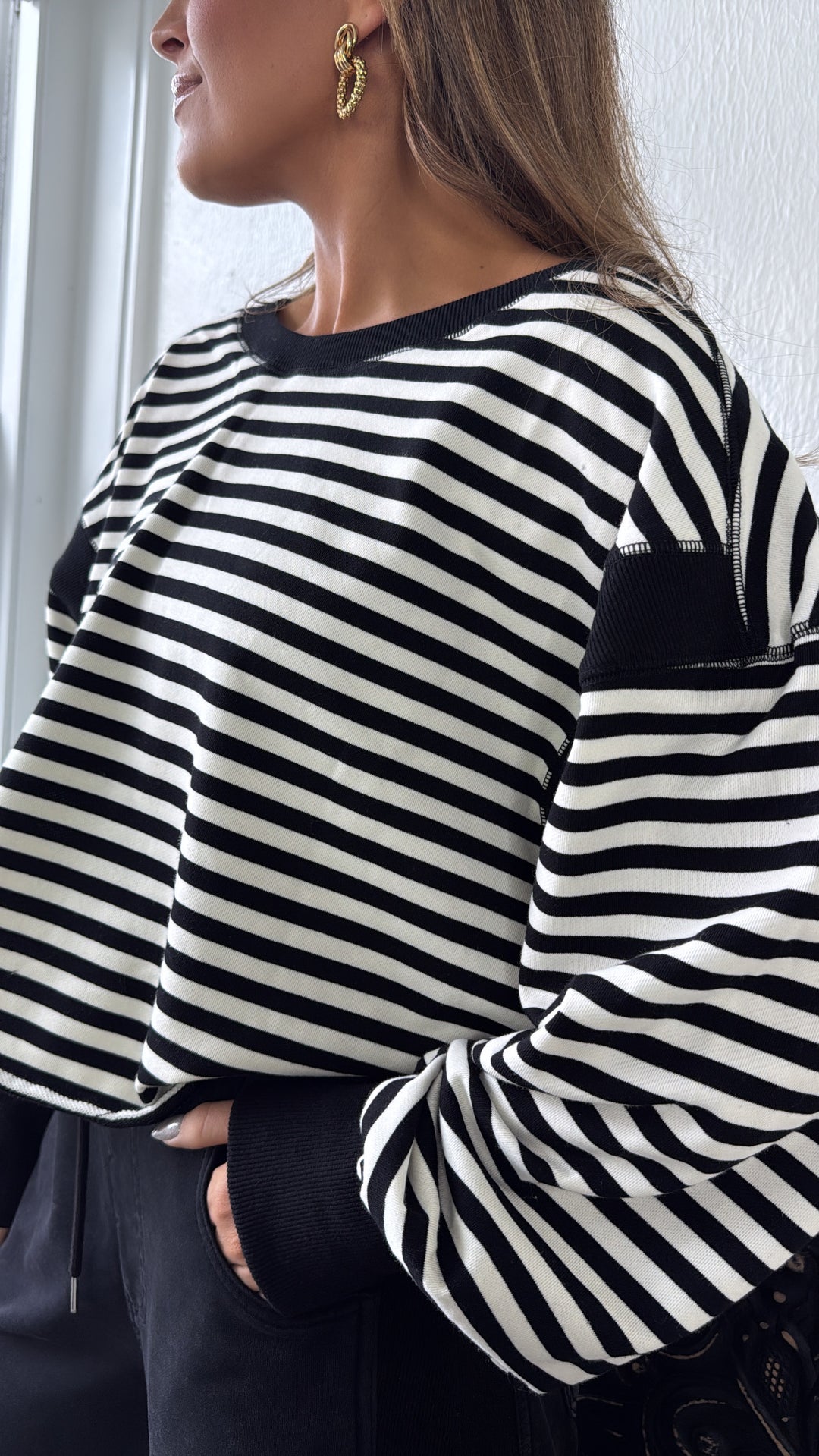 All About Balance Striped Top, Black/Ivory