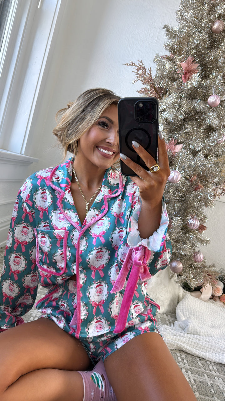 Season Greetings Silk Santa Bow Pajama Set, Teal