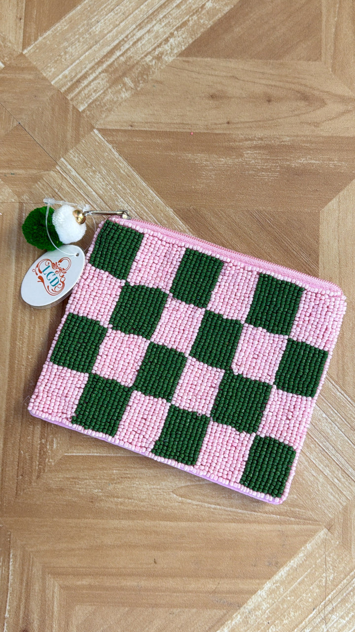 Basic Babe Beaded Plaid Coin Purse, Green/Pink