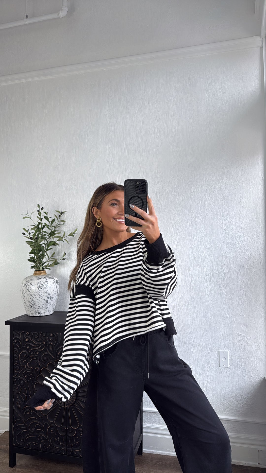 All About Balance Striped Top, Black/Ivory