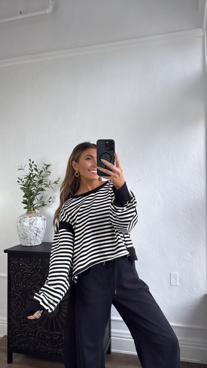All About Balance Striped Top, Black/Ivory