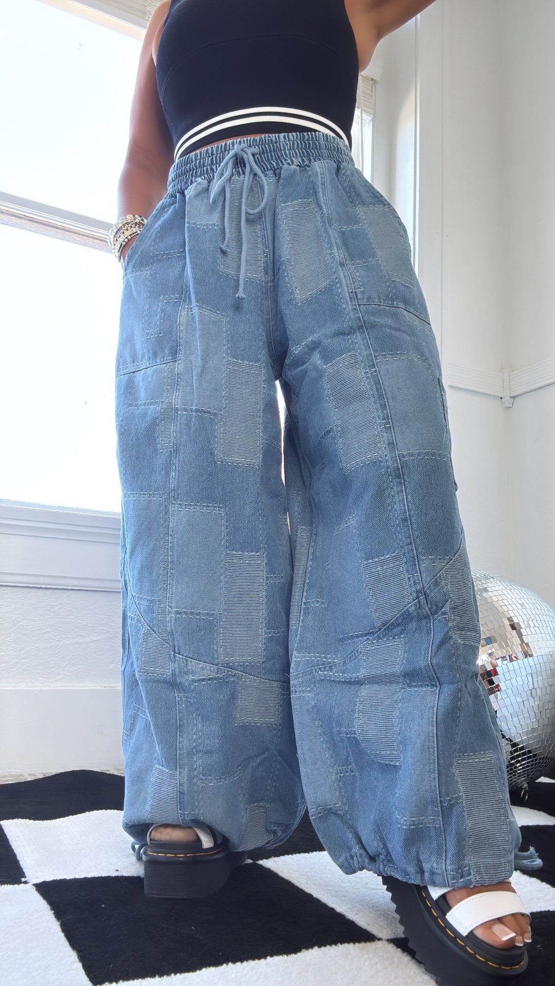 ECB Exclusive: Demi Denim Checkered Patchwork Jogger Pant