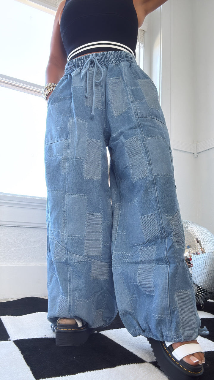 ECB Exclusive: Demi Denim Checkered Patchwork Jogger Pant